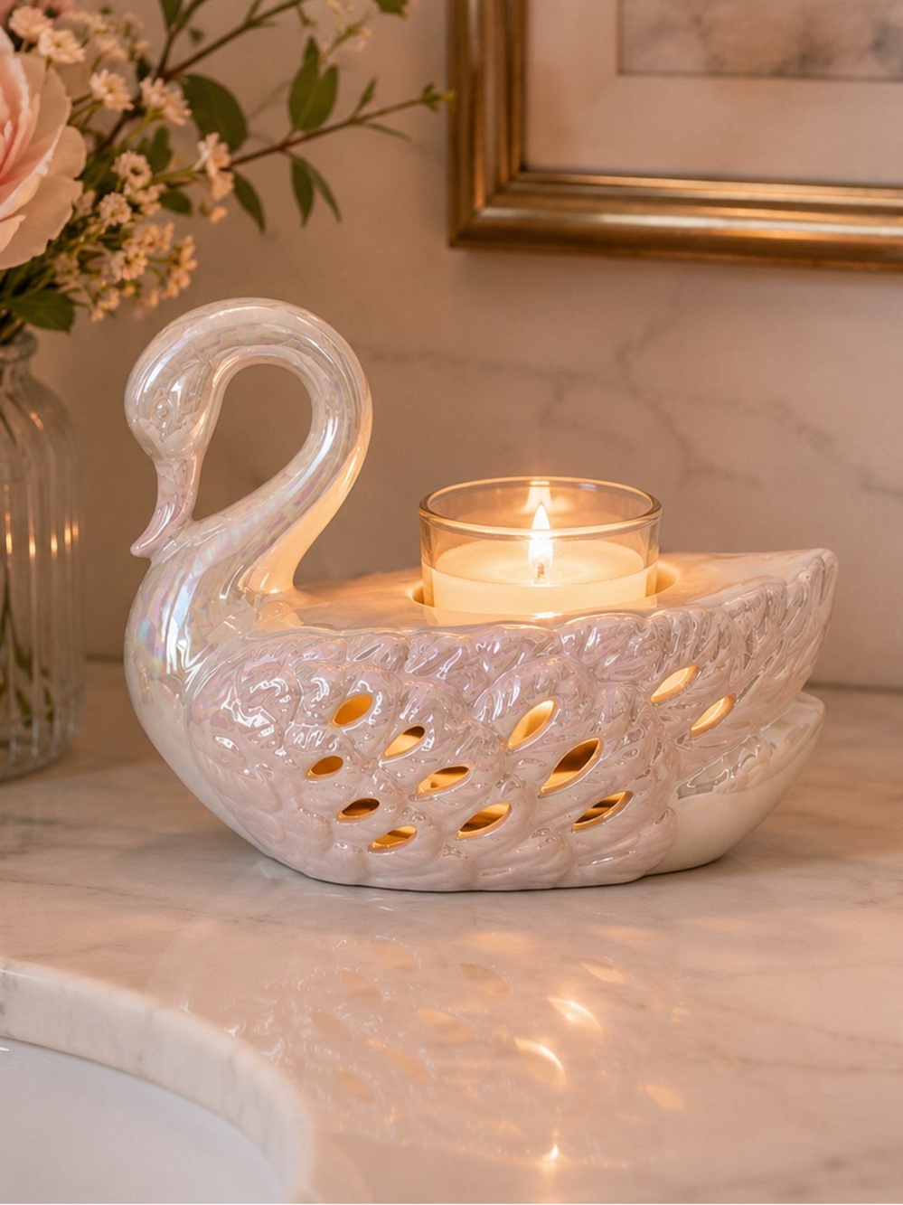 Vintage Iridescent Ceramic Swan Votive Candle Pearlescent Finish
